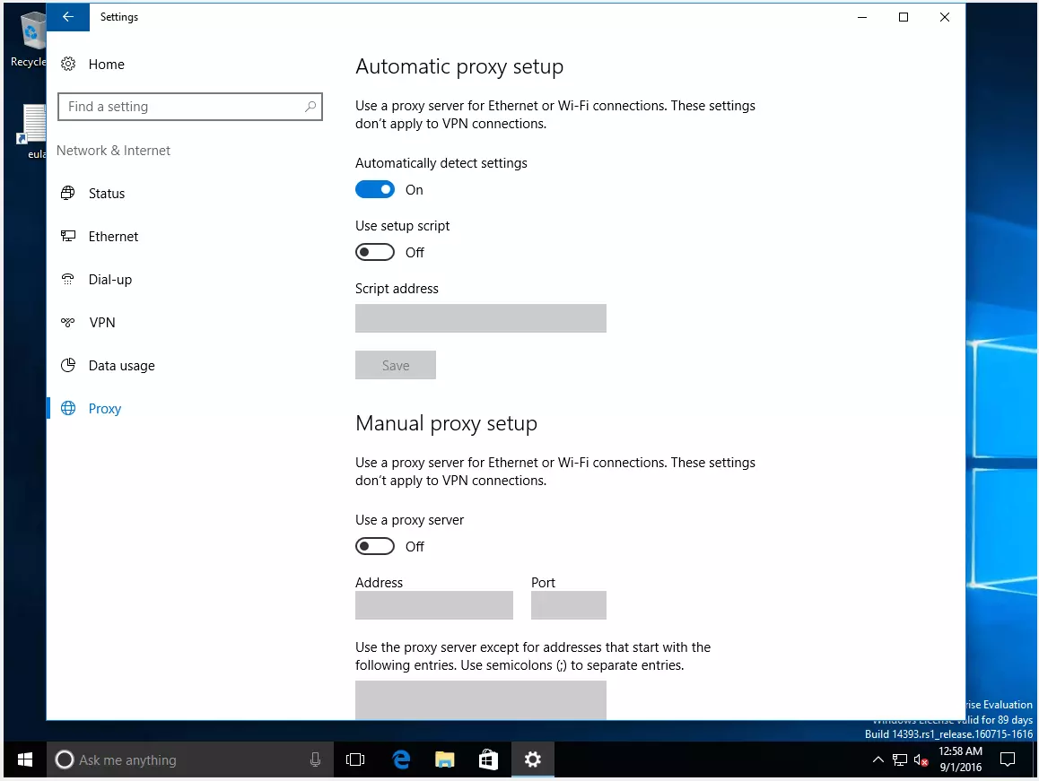 Ajustes proxy con Windows 10