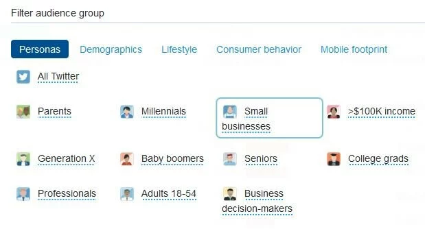 Captura de pantalla de los filtros para las audiencias en Twitter Analytics