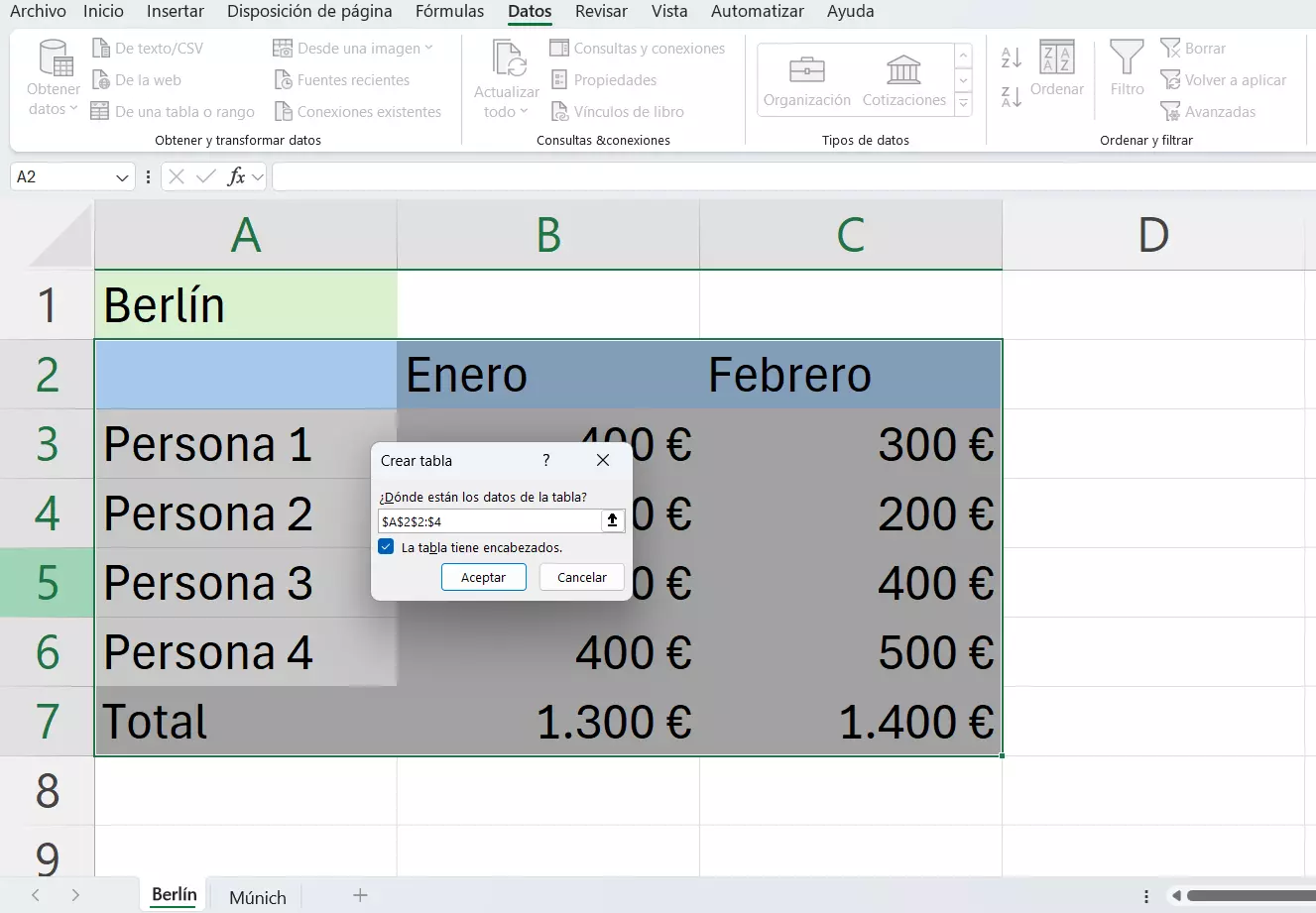 Abrir el Power-Query-Editor haciendo clic en “Datos” y “De una tabla o rango”