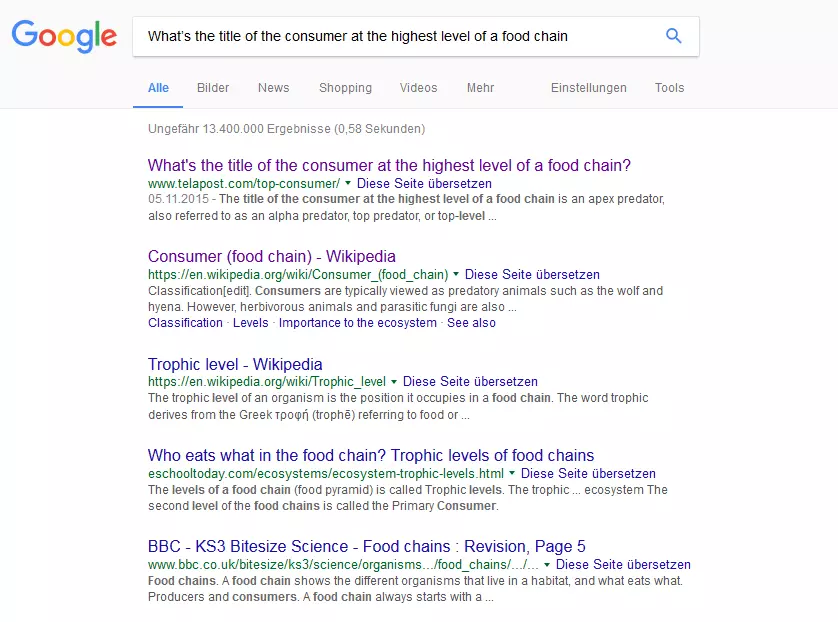 Lista de resultados en Google para la frase “What’s the title of the consumer at the highest level of a food chain“