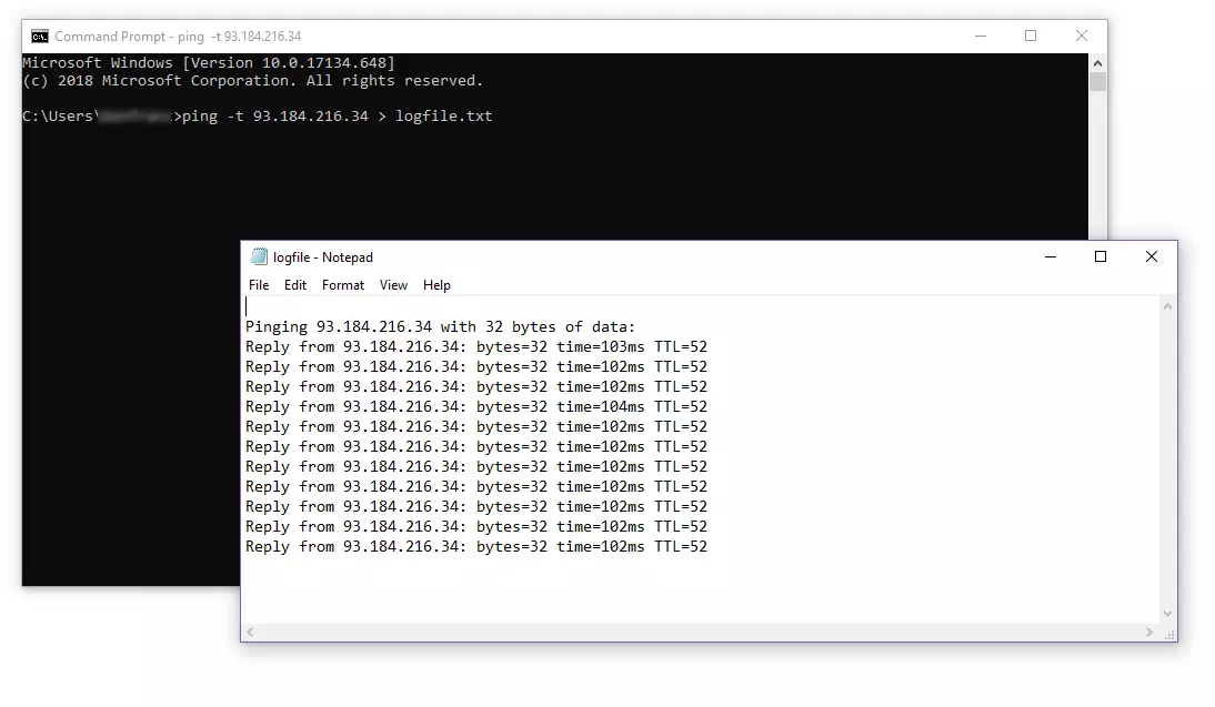 Ping con la salida estándar desviada a un archivo de texto