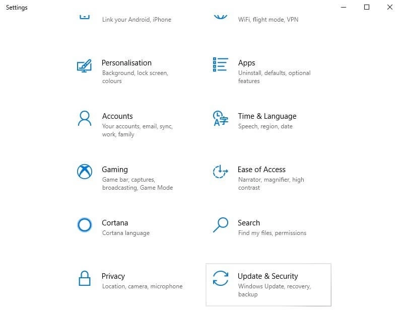 Ventana de configuración de Windows