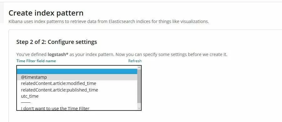 Kibana: menú de configuración del filtro de tiempo para el patrón “logstash*”