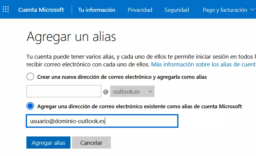 Agregar alias de correo en Outlook