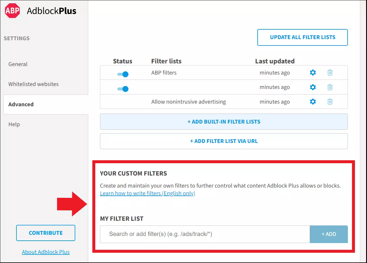 Opción de excepciones en la configuración de Adblock Plus