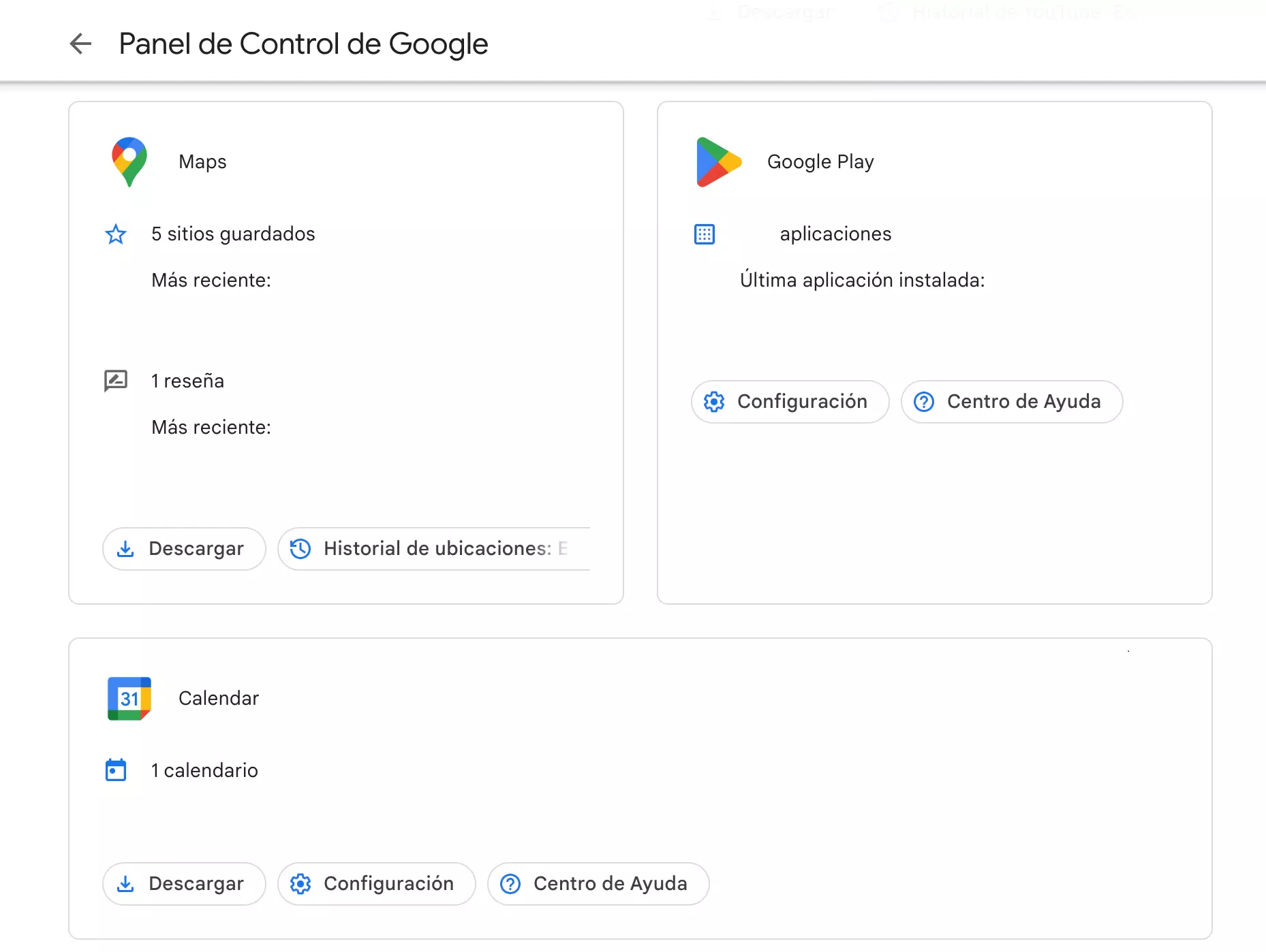 Captura de pantalla del panel de control de Google