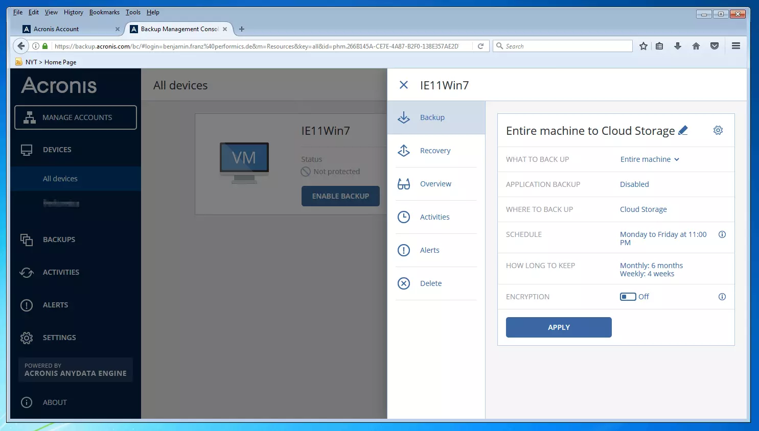 Consola de copia de seguridad de Acronis Backup 12.5: menú para la creación de planes de copias de seguridad