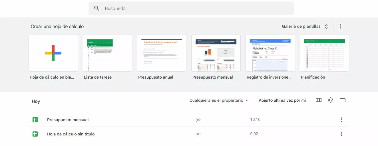 Captura de pantalla de algunas plantillas de Google Sheets