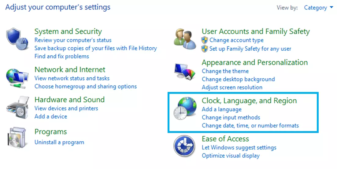 Apartado “Hora, idioma y región” en el Panel de control de Windows 8