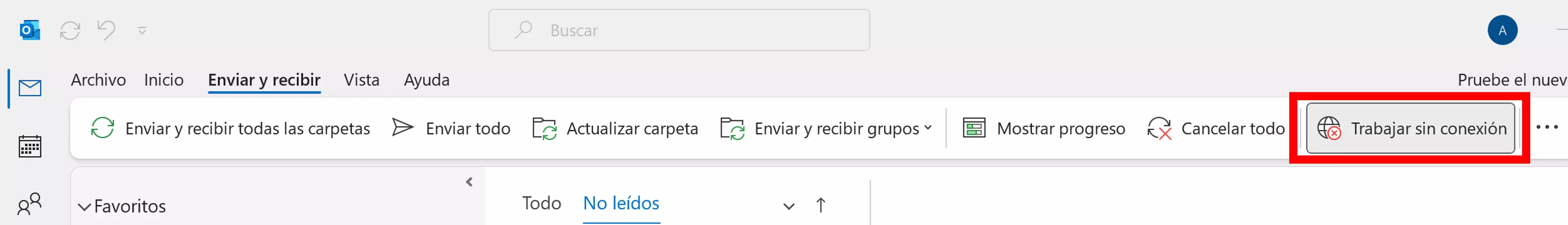 Función seleccionada del modo sin conexión de Outlook