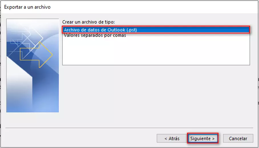 Asistente de importación y exportación de Outlook: tipos de archivo disponibles