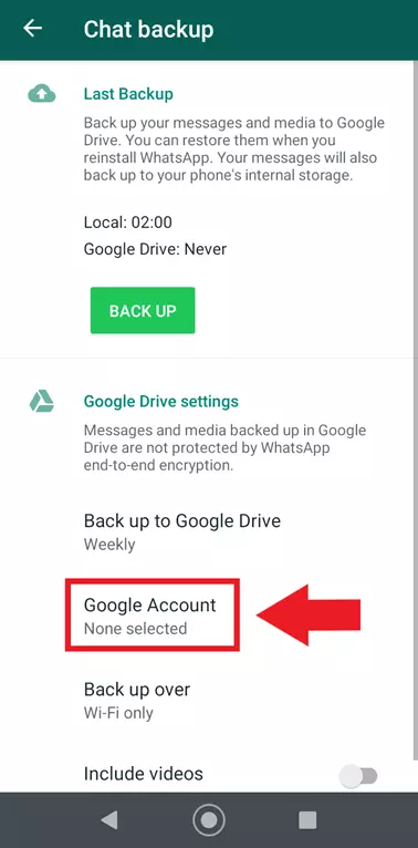 Menú de copia de seguridad del chat de WhatsApp con la configuración de la “Cuenta de Google”