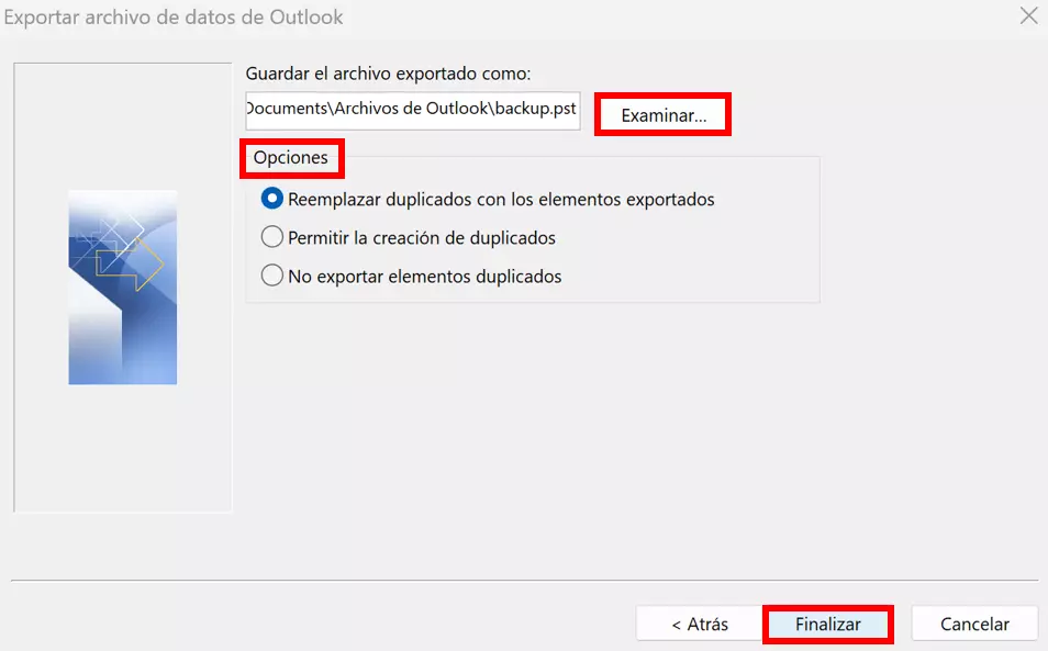 Asistente de importación y exportación: elección de la ubicación de almacenamiento del archivo PST