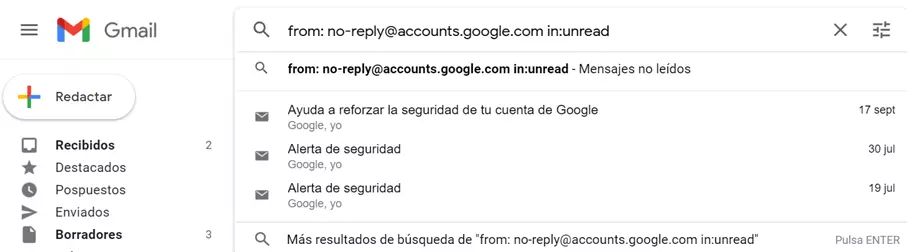 Búsqueda de Gmail mediante varios operadores de búsqueda