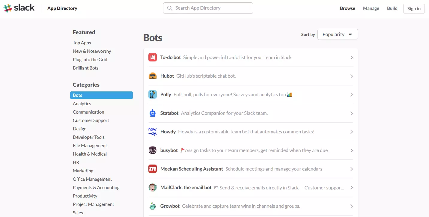 Lista de los diferentes bots de Slack