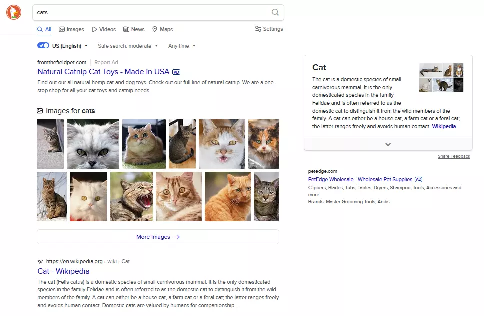 Resultado de búsqueda de “gatos” en DuckDuckGo