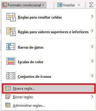 Excel: nueva regla de formato condicional.