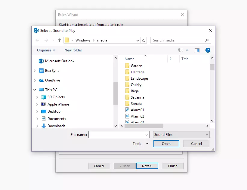 Asistente para reglas de Outlook: selección de archivos de sonido