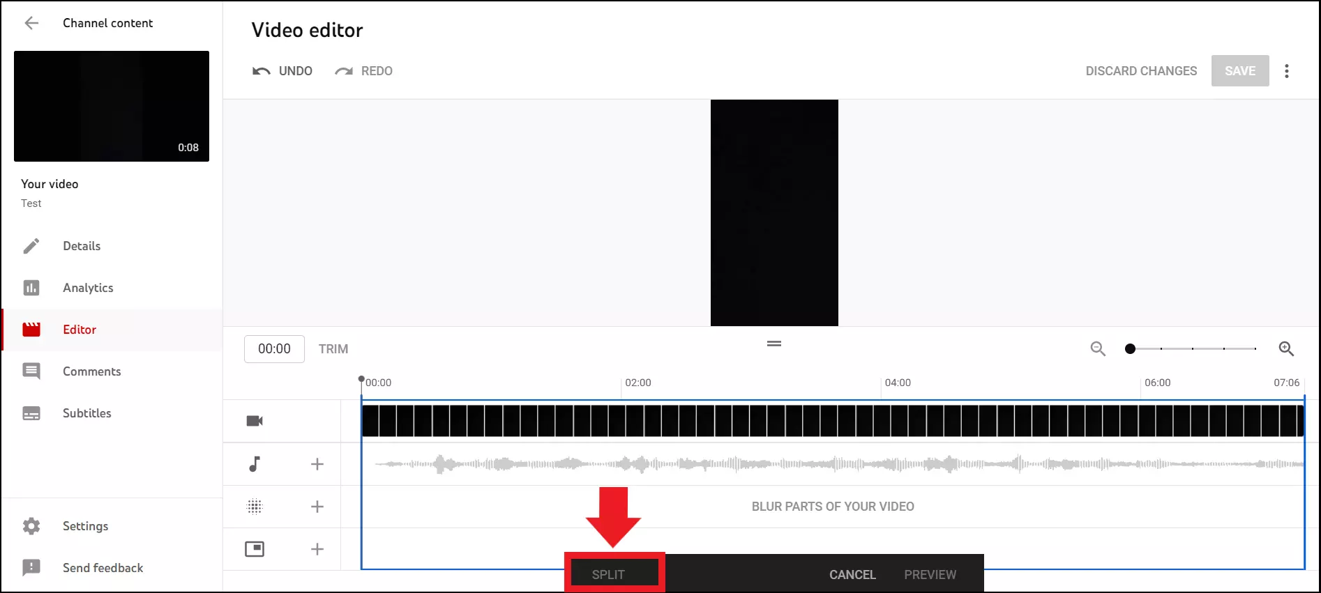 La línea de tiempo en el recuadro azul para recortar un vídeo