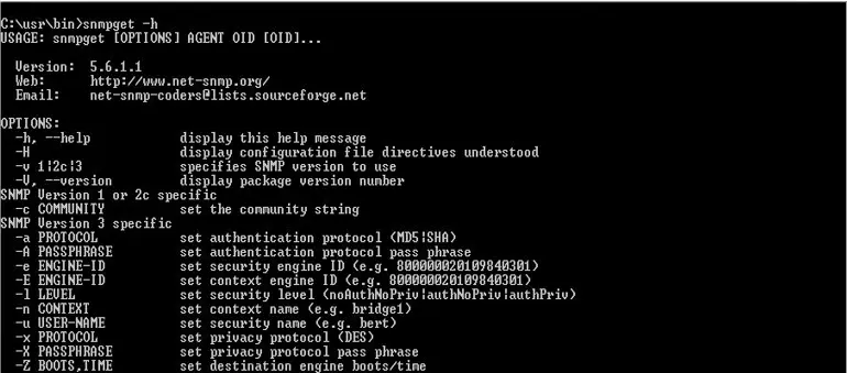Menú de ayuda de snmpget en la línea de comandos de Windows