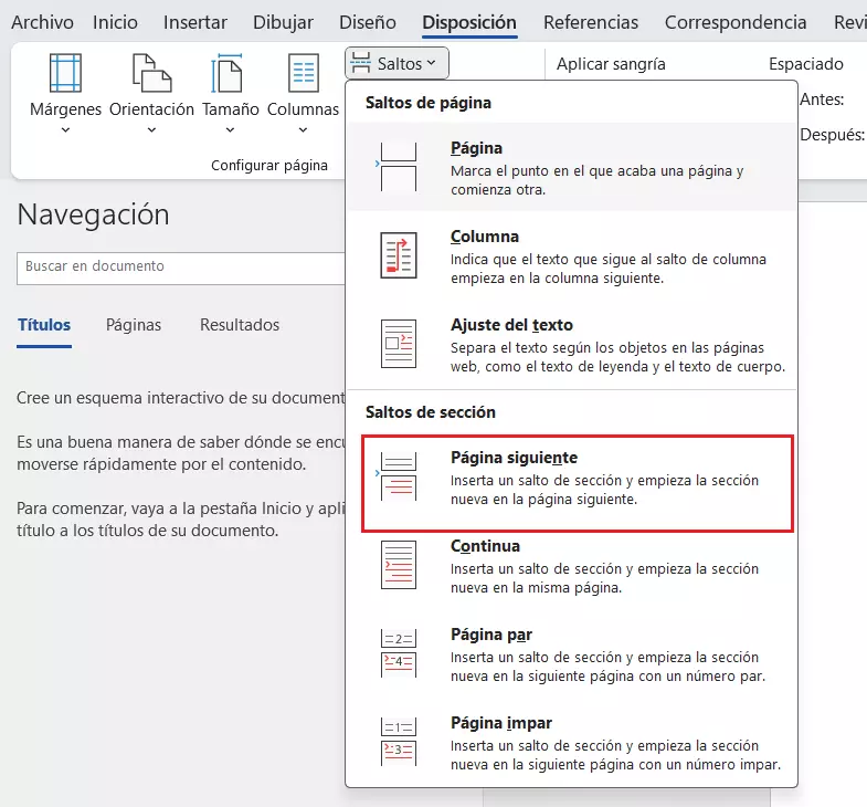 En el menú Word para los saltos de página, también puedes definir saltos de sección