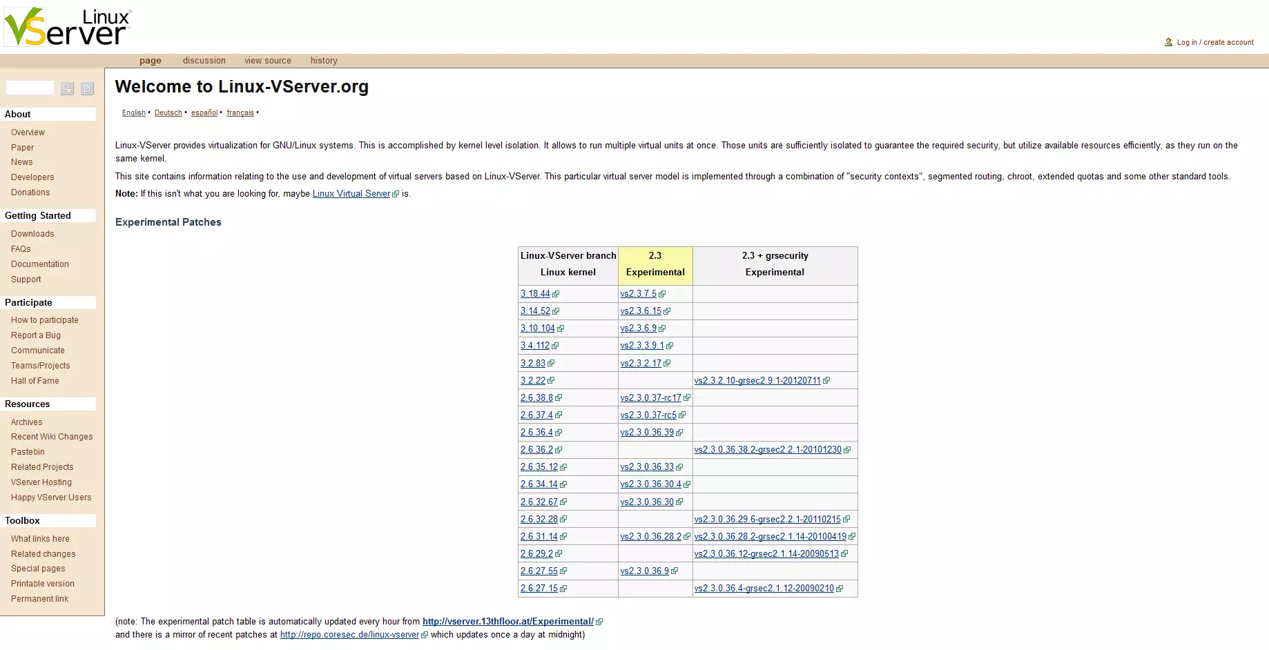 Página principal del proyecto open source Linux-VServer