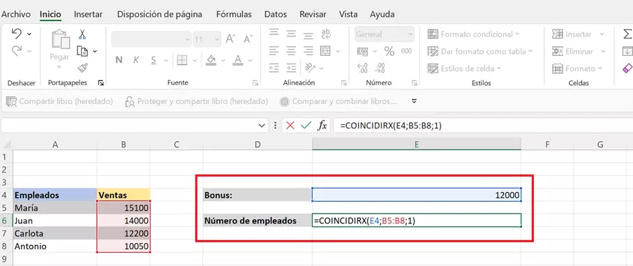 Segundo ejemplo de uso de COINCIDIRX: definición de la matriz buscada