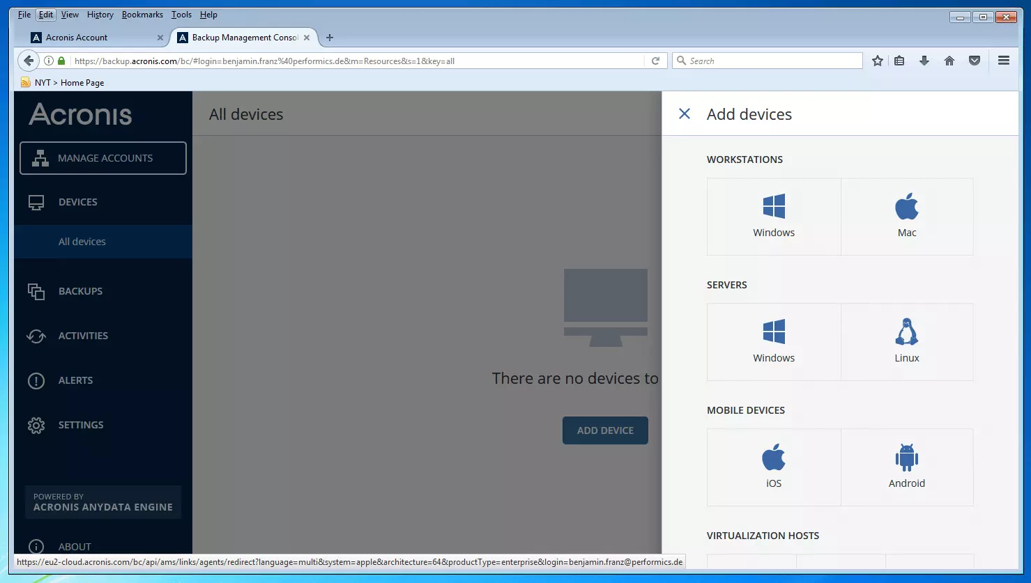 Gestión de dispositivos en la consola de copias de seguridad de Acronis Backup 12.5