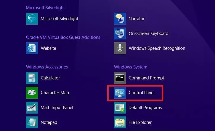 Fragmento de la lista de aplicaciones de los sistemas Windows 8