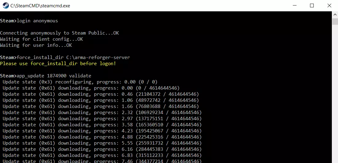 SteamCMD: registro e instalación de la aplicación “Arma Reforger Server”