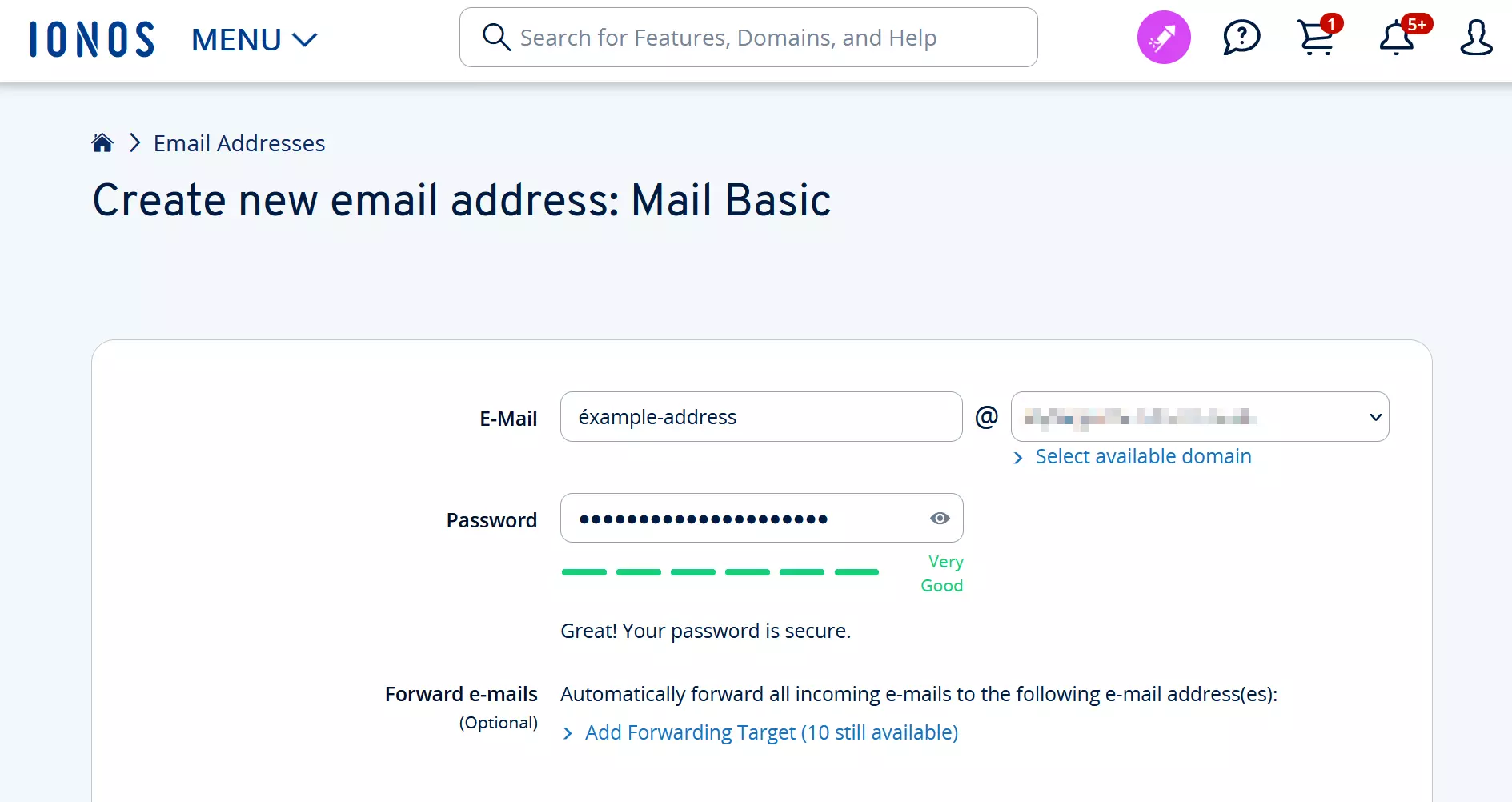 Crear una nueva dirección de correo electrónico en el panel de control de IONOS