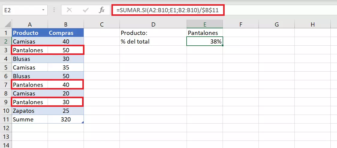 Calcular porcentajes en Excel con la fórmula SUMAR.SI