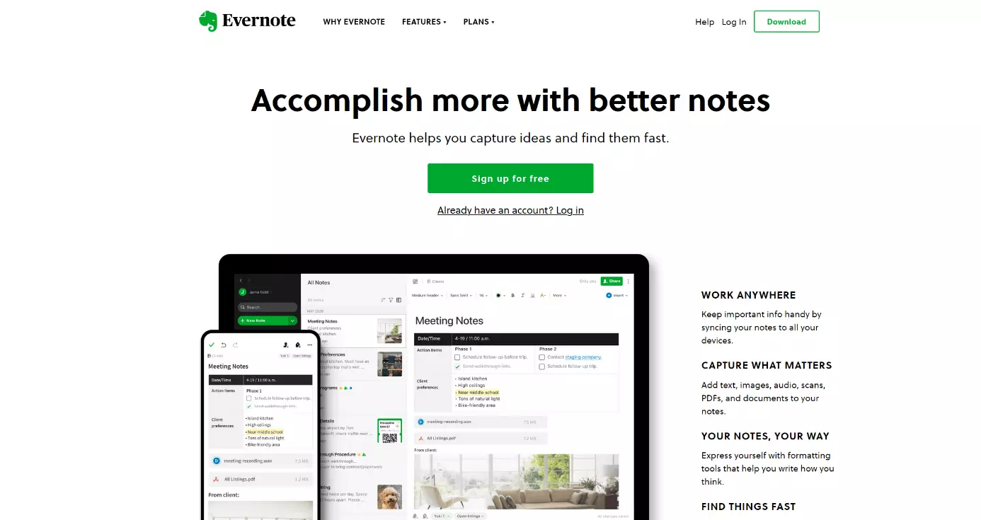 Página oficial de Evernote