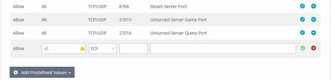 Reglas de puerto definidas en el Cloud Panel de IONOS