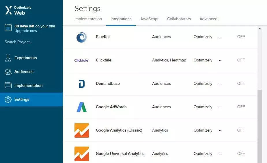 Menú de configuración de Optimizely X Web Experimentation