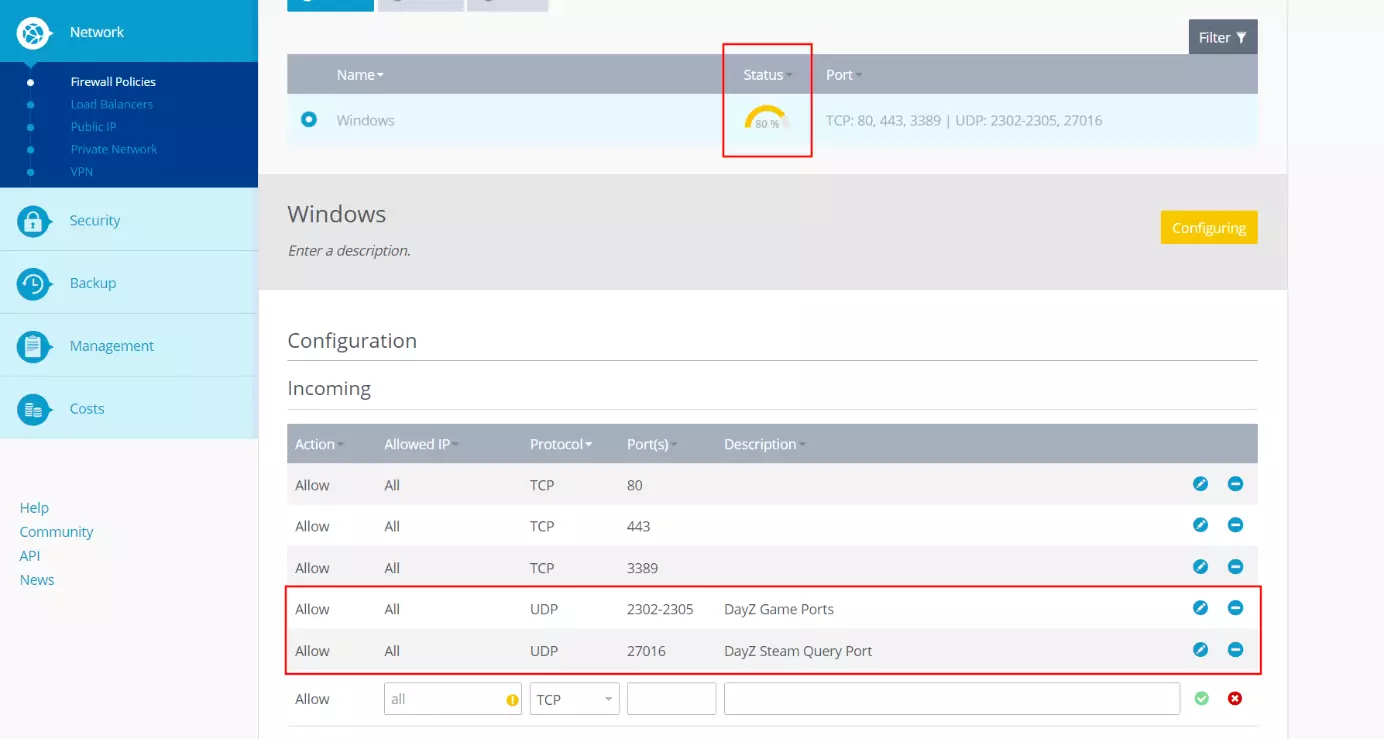 Puertos habilitados en el Cloud Panel de IONOS