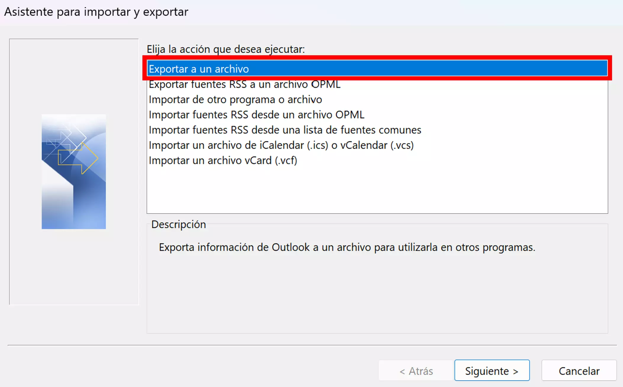 Asistente de importación y exportación de Outlook: posibles acciones