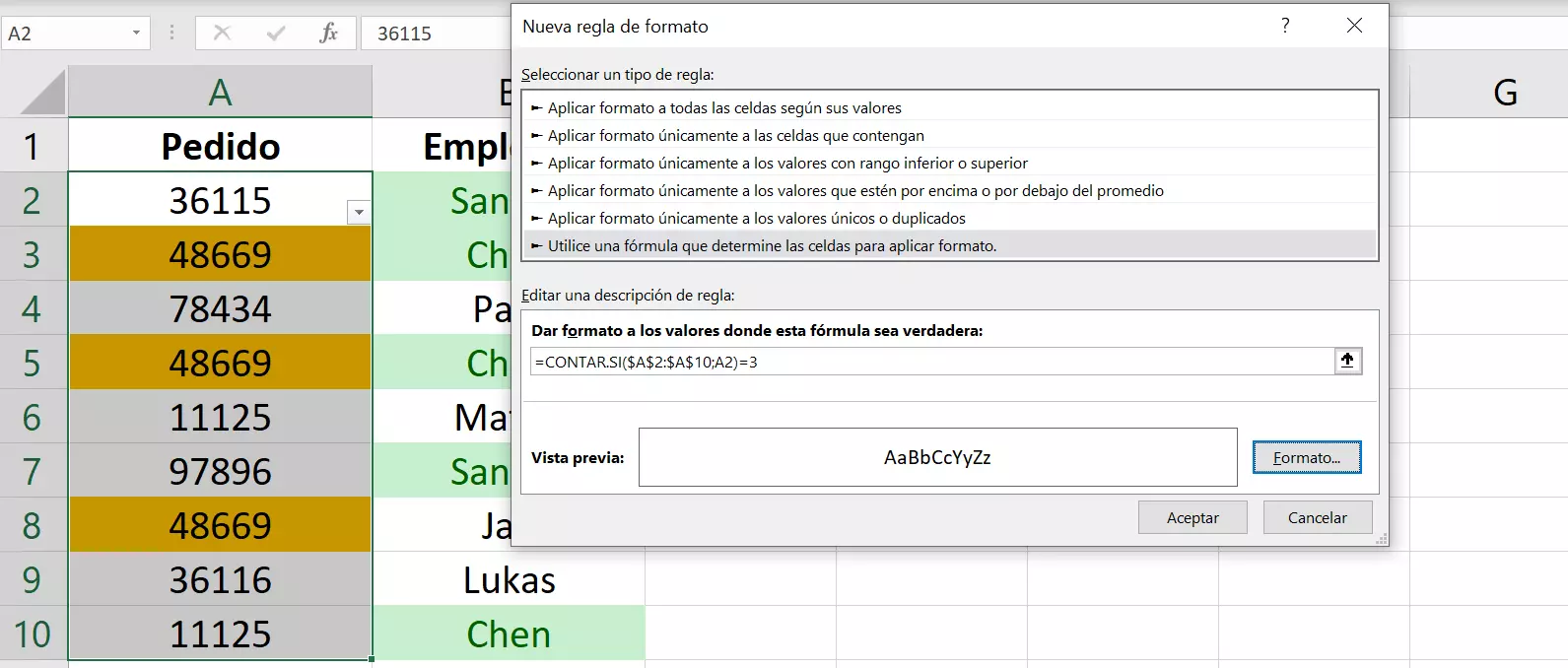 Nueva regla de formato en Excel