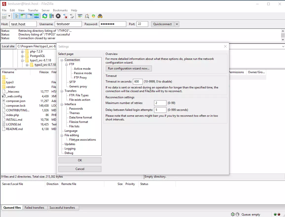 Interfaz de FileZilla para configurar las conexiones, la transferencia, la interfaz de usuario, la edición de archivos, las actualizaciones, el logging y el debugging.