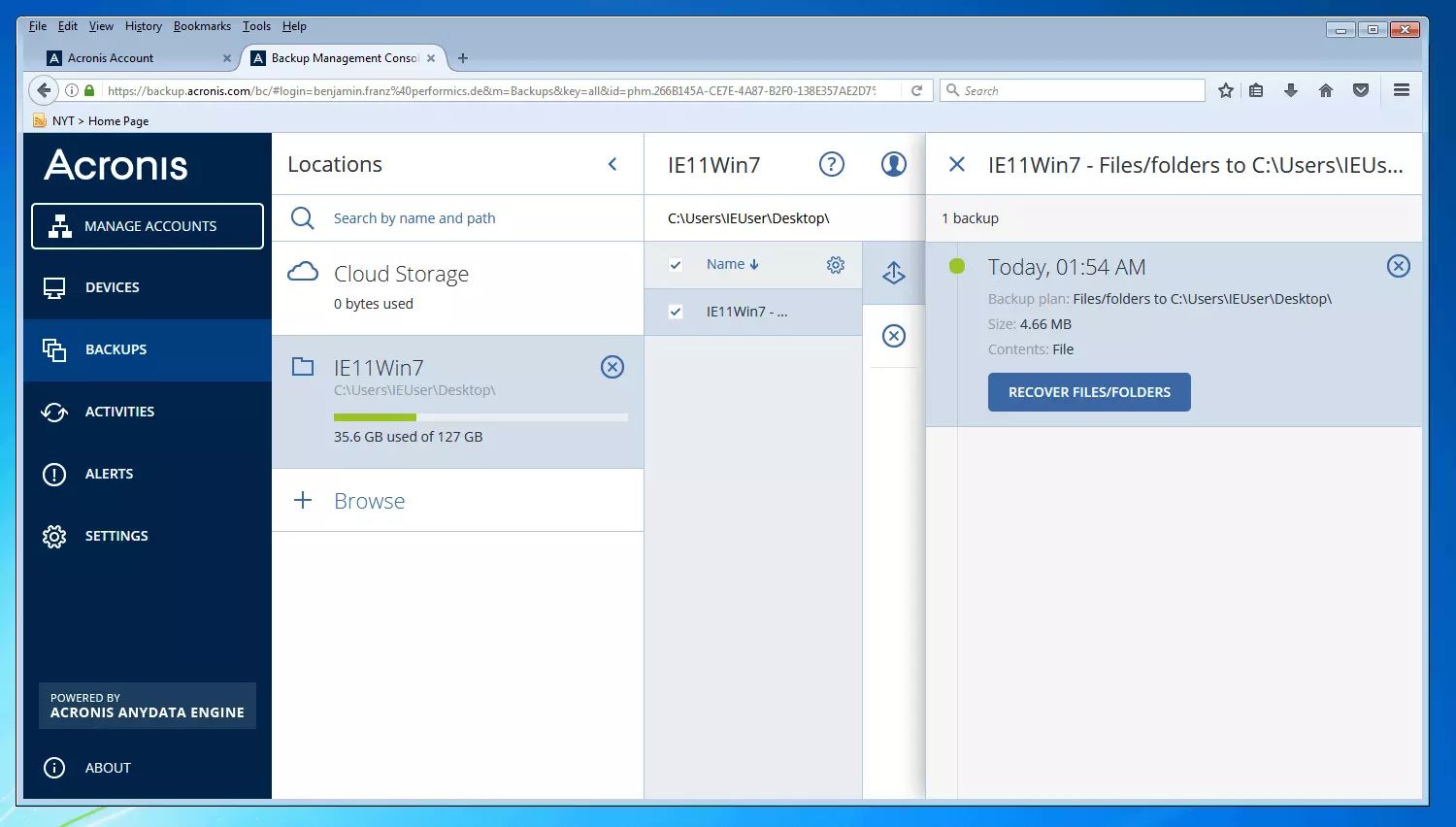 La consola de gestión de backups de Acronis Backup 12.5: vista de conjunto de las copias de seguridad