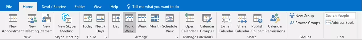 Microsoft Outlook: barra de herramientas de la vista de calendario en la pestaña “Home” (Inicio)