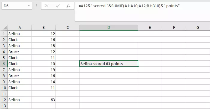 Combinación de CONCATENAR y SUMAR.SI en una tabla de Excel