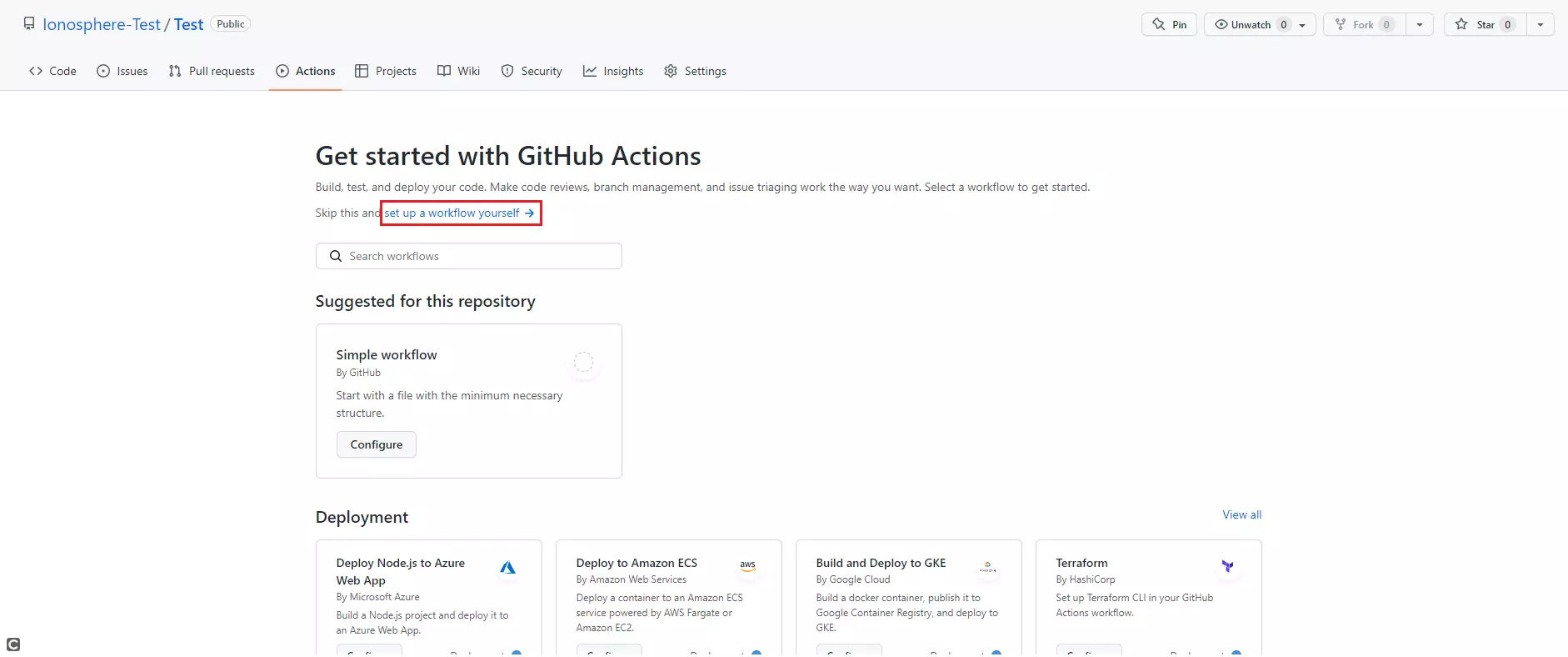 Captura de pantalla del menú de GitHub Actions