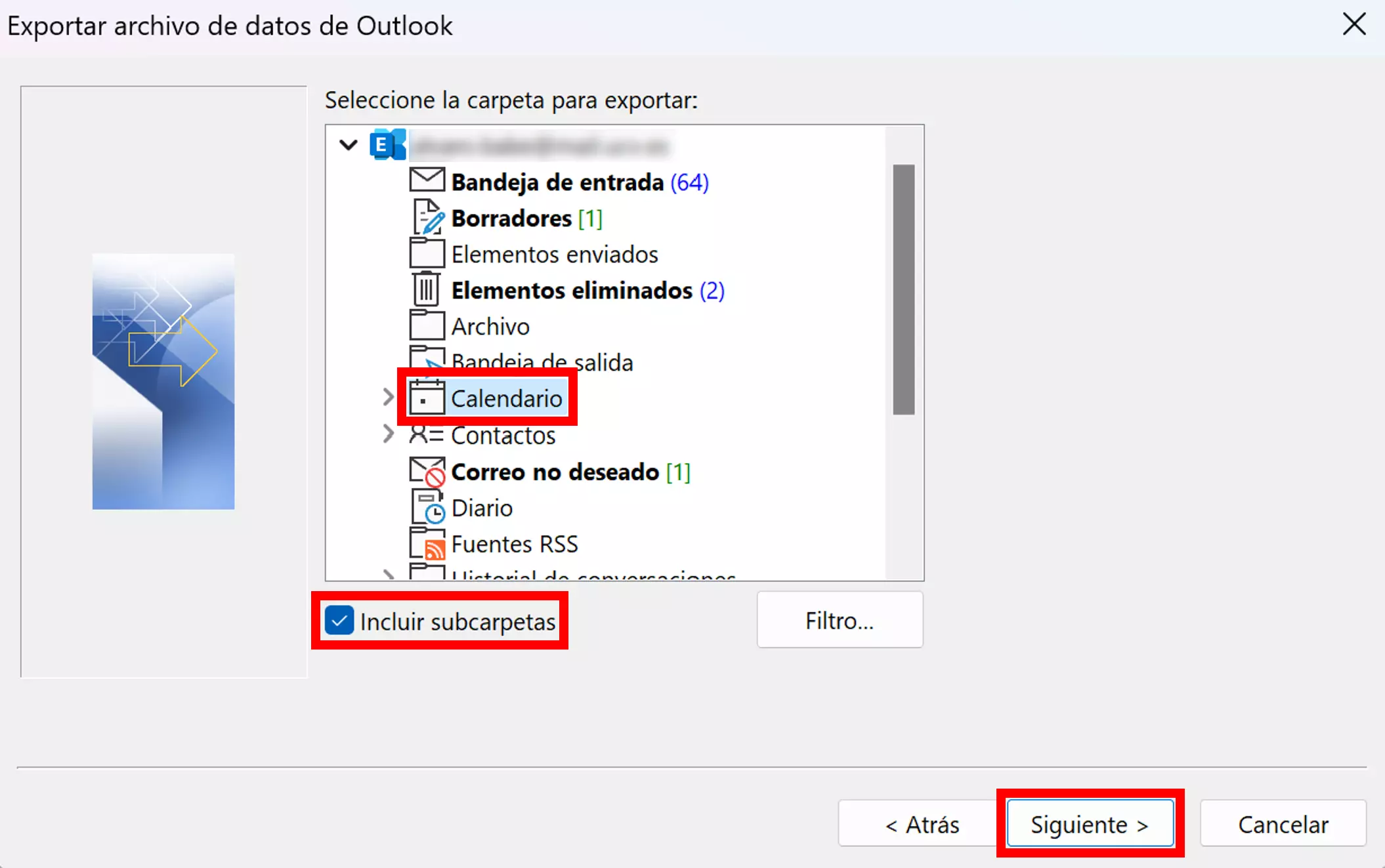 Asistente de importación y exportación de Outlook: selección de datos para la exportación