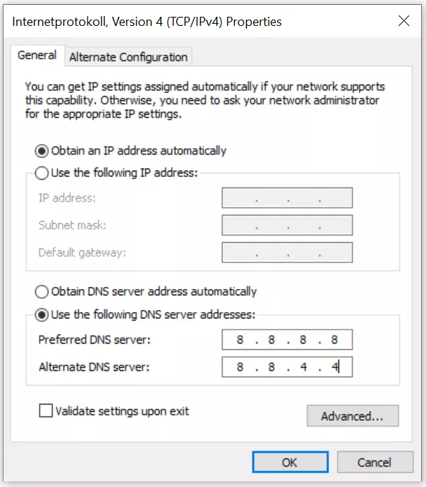 Windows 10: propiedades IPv4