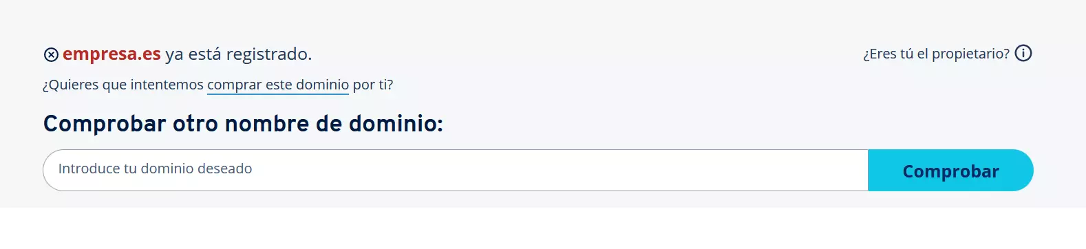 IONOS muestra al usuario que el dominio ya está registrado