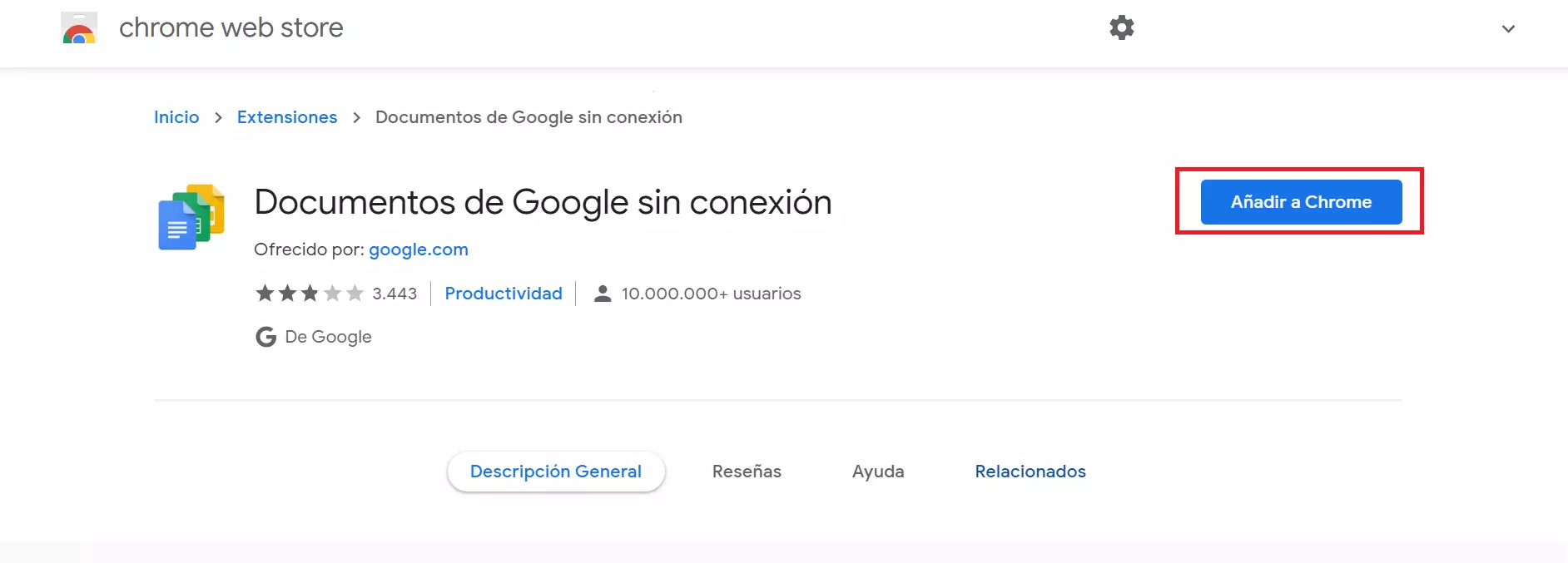 Chrome Web Store: opción para añadir la extensión de Google Docs sin conexión