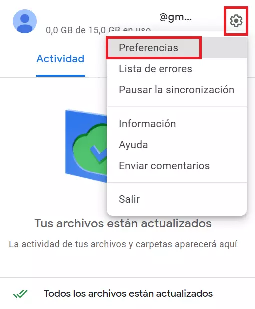 Haz clic en la rueda dentada y luego en “Preferencias”. A continuación, se abrirá la ventana de configuración con una introducción de Google Drive para escritorio.