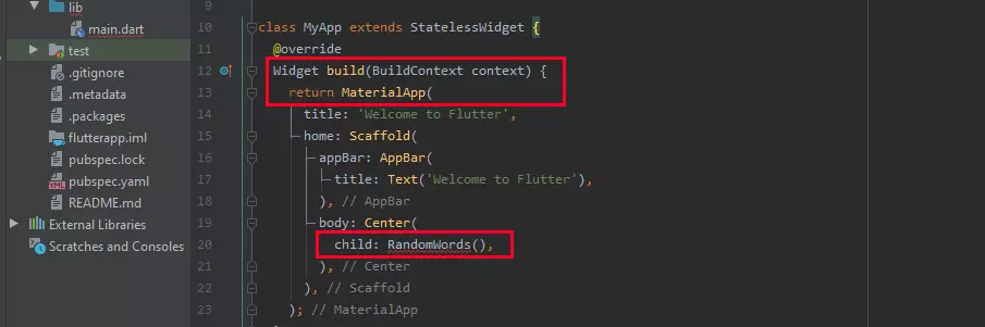 Ajuste del código en la aplicación de ejemplo del Tutorial de Flutter