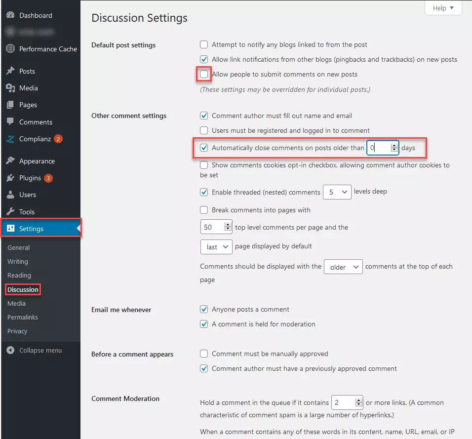 Pestaña “Comentarios” en “Ajustes” en el Backend de WordPress 